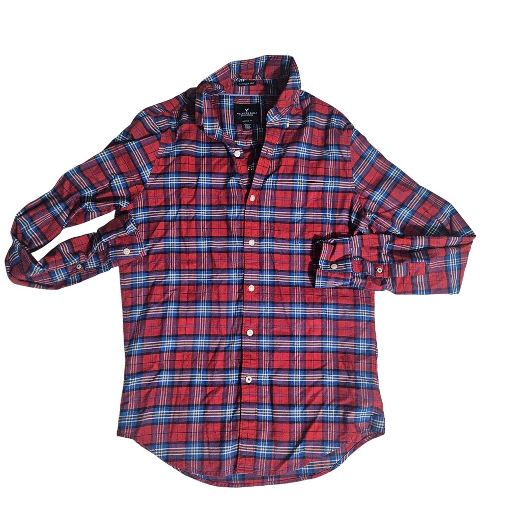 American Eagle Mens Seriously Soft Plaid Flannel Shirt Red Blue Classic Fit XS